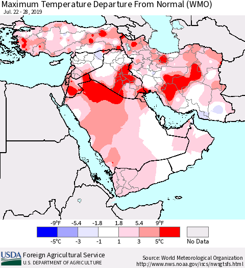 Middle East and Turkey Mean Maximum Temperature Departure from Normal (WMO) Thematic Map For 7/22/2019 - 7/28/2019