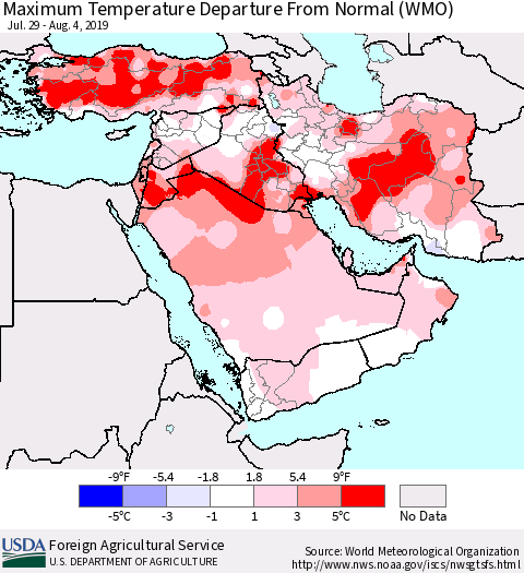 Middle East and Turkey Mean Maximum Temperature Departure from Normal (WMO) Thematic Map For 7/29/2019 - 8/4/2019
