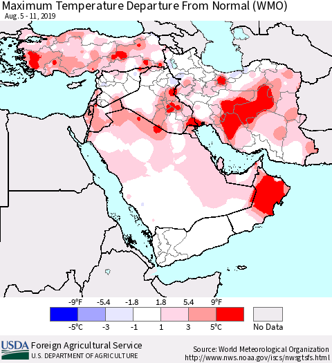 Middle East and Turkey Mean Maximum Temperature Departure from Normal (WMO) Thematic Map For 8/5/2019 - 8/11/2019