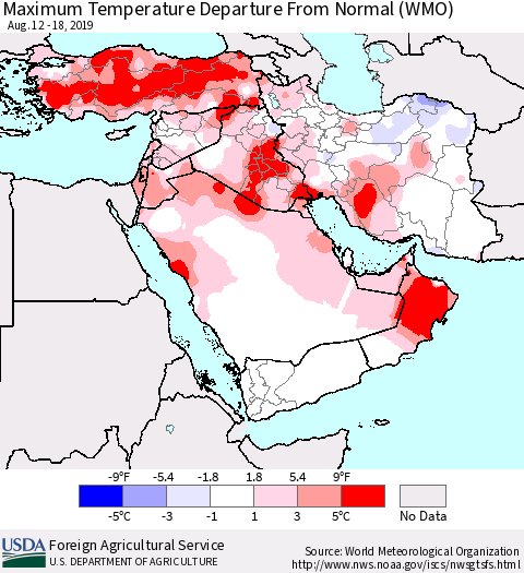 Middle East and Turkey Mean Maximum Temperature Departure from Normal (WMO) Thematic Map For 8/12/2019 - 8/18/2019