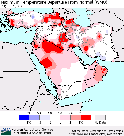 Middle East and Turkey Mean Maximum Temperature Departure from Normal (WMO) Thematic Map For 8/19/2019 - 8/25/2019