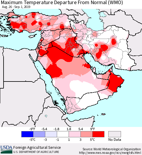 Middle East and Turkey Mean Maximum Temperature Departure from Normal (WMO) Thematic Map For 8/26/2019 - 9/1/2019