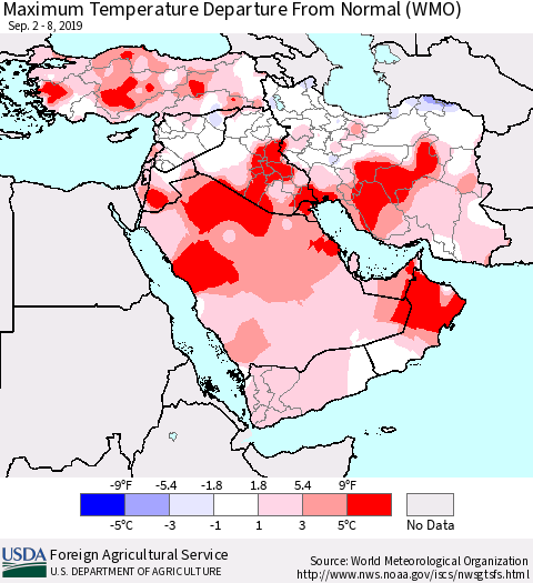 Middle East and Turkey Mean Maximum Temperature Departure from Normal (WMO) Thematic Map For 9/2/2019 - 9/8/2019