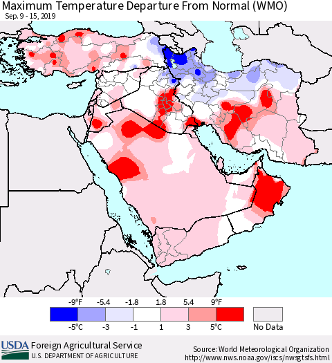Middle East and Turkey Mean Maximum Temperature Departure from Normal (WMO) Thematic Map For 9/9/2019 - 9/15/2019