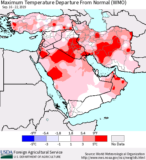 Middle East and Turkey Mean Maximum Temperature Departure from Normal (WMO) Thematic Map For 9/16/2019 - 9/22/2019