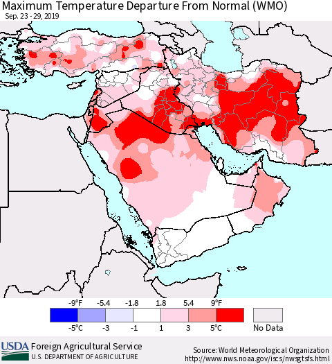 Middle East and Turkey Mean Maximum Temperature Departure from Normal (WMO) Thematic Map For 9/23/2019 - 9/29/2019