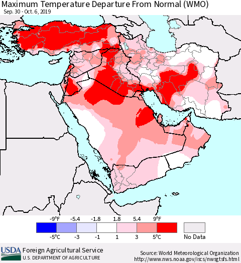Middle East and Turkey Mean Maximum Temperature Departure from Normal (WMO) Thematic Map For 9/30/2019 - 10/6/2019