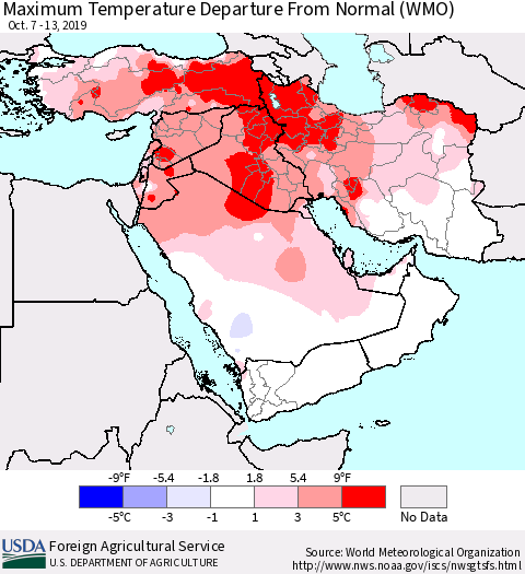 Middle East and Turkey Mean Maximum Temperature Departure from Normal (WMO) Thematic Map For 10/7/2019 - 10/13/2019