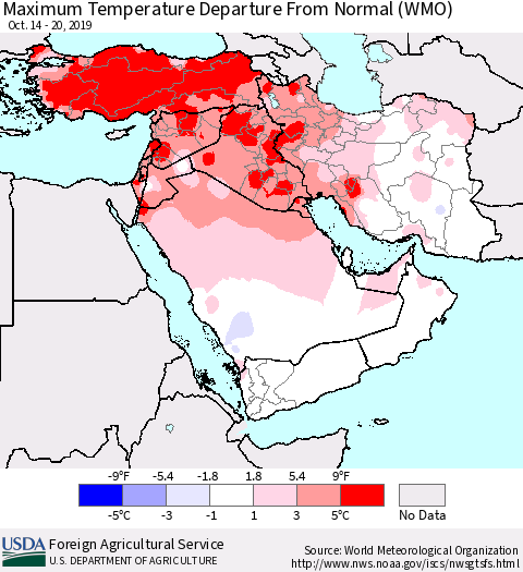 Middle East and Turkey Mean Maximum Temperature Departure from Normal (WMO) Thematic Map For 10/14/2019 - 10/20/2019