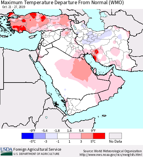 Middle East and Turkey Mean Maximum Temperature Departure from Normal (WMO) Thematic Map For 10/21/2019 - 10/27/2019