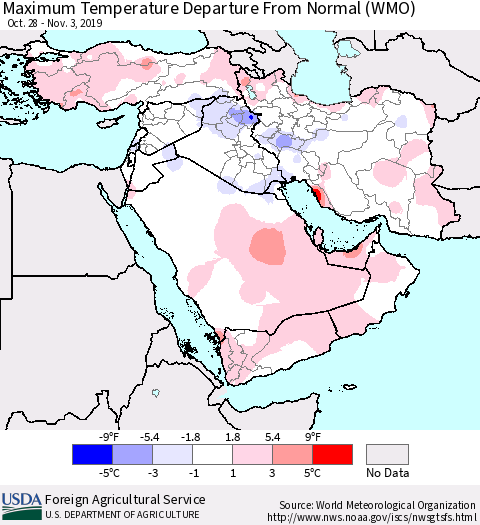 Middle East and Turkey Mean Maximum Temperature Departure from Normal (WMO) Thematic Map For 10/28/2019 - 11/3/2019