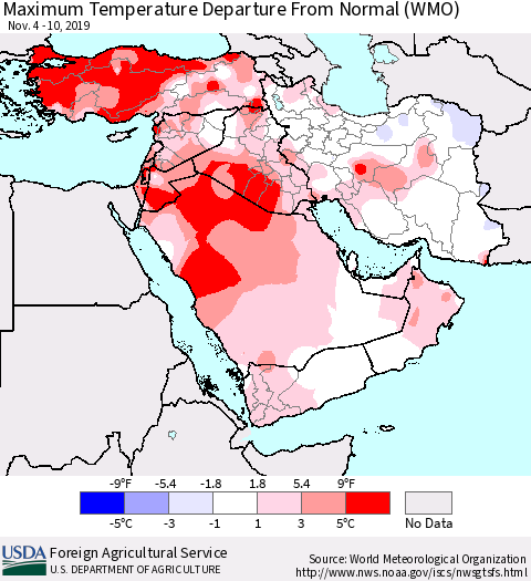 Middle East and Turkey Mean Maximum Temperature Departure from Normal (WMO) Thematic Map For 11/4/2019 - 11/10/2019