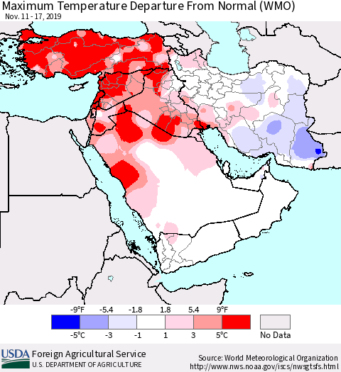 Middle East and Turkey Mean Maximum Temperature Departure from Normal (WMO) Thematic Map For 11/11/2019 - 11/17/2019
