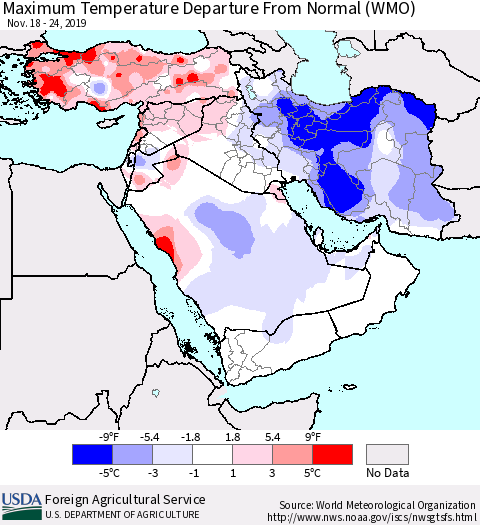 Middle East and Turkey Mean Maximum Temperature Departure from Normal (WMO) Thematic Map For 11/18/2019 - 11/24/2019