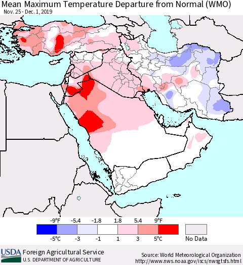 Middle East and Turkey Mean Maximum Temperature Departure from Normal (WMO) Thematic Map For 11/25/2019 - 12/1/2019