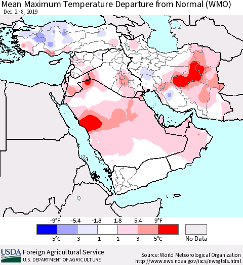 Middle East and Turkey Mean Maximum Temperature Departure from Normal (WMO) Thematic Map For 12/2/2019 - 12/8/2019