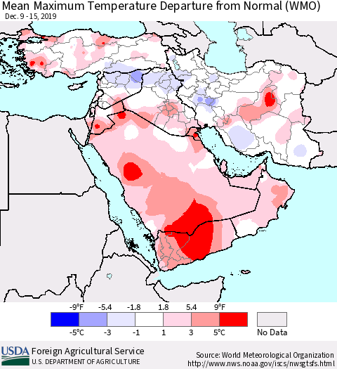 Middle East and Turkey Mean Maximum Temperature Departure from Normal (WMO) Thematic Map For 12/9/2019 - 12/15/2019