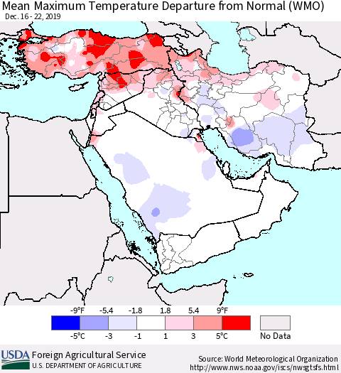 Middle East and Turkey Mean Maximum Temperature Departure from Normal (WMO) Thematic Map For 12/16/2019 - 12/22/2019