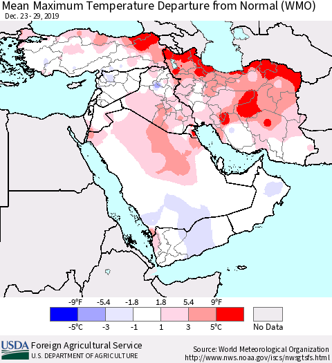 Middle East and Turkey Mean Maximum Temperature Departure from Normal (WMO) Thematic Map For 12/23/2019 - 12/29/2019