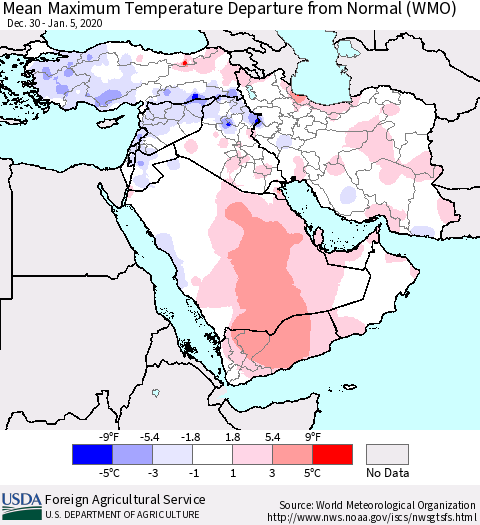 Middle East and Turkey Mean Maximum Temperature Departure from Normal (WMO) Thematic Map For 12/30/2019 - 1/5/2020