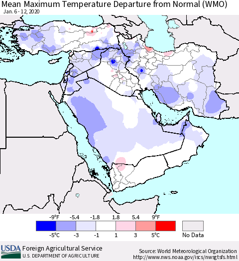 Middle East and Turkey Mean Maximum Temperature Departure from Normal (WMO) Thematic Map For 1/6/2020 - 1/12/2020