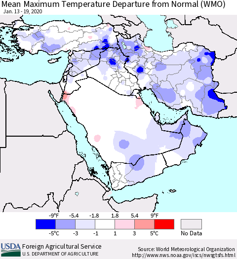 Middle East and Turkey Mean Maximum Temperature Departure from Normal (WMO) Thematic Map For 1/13/2020 - 1/19/2020