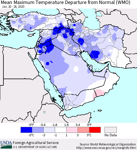 Middle East and Turkey Mean Maximum Temperature Departure from Normal (WMO) Thematic Map For 1/20/2020 - 1/26/2020