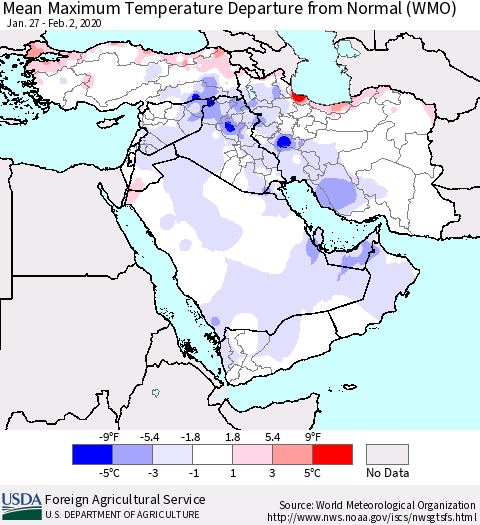 Middle East and Turkey Mean Maximum Temperature Departure from Normal (WMO) Thematic Map For 1/27/2020 - 2/2/2020