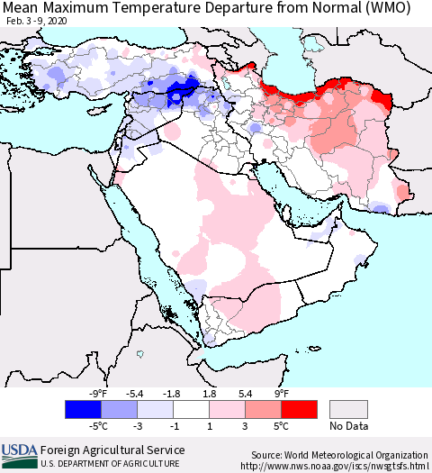 Middle East and Turkey Mean Maximum Temperature Departure from Normal (WMO) Thematic Map For 2/3/2020 - 2/9/2020