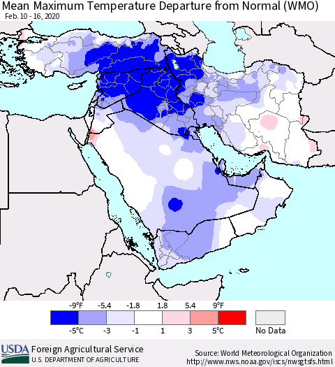 Middle East and Turkey Mean Maximum Temperature Departure from Normal (WMO) Thematic Map For 2/10/2020 - 2/16/2020