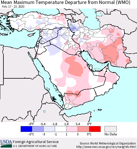 Middle East and Turkey Mean Maximum Temperature Departure from Normal (WMO) Thematic Map For 2/17/2020 - 2/23/2020