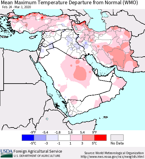 Middle East and Turkey Mean Maximum Temperature Departure from Normal (WMO) Thematic Map For 2/24/2020 - 3/1/2020