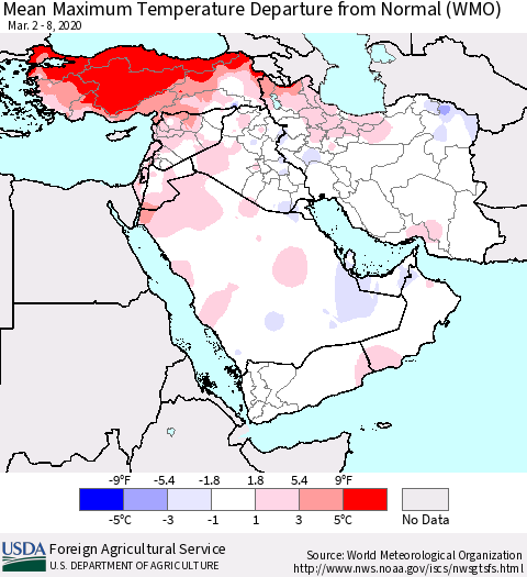 Middle East and Turkey Mean Maximum Temperature Departure from Normal (WMO) Thematic Map For 3/2/2020 - 3/8/2020