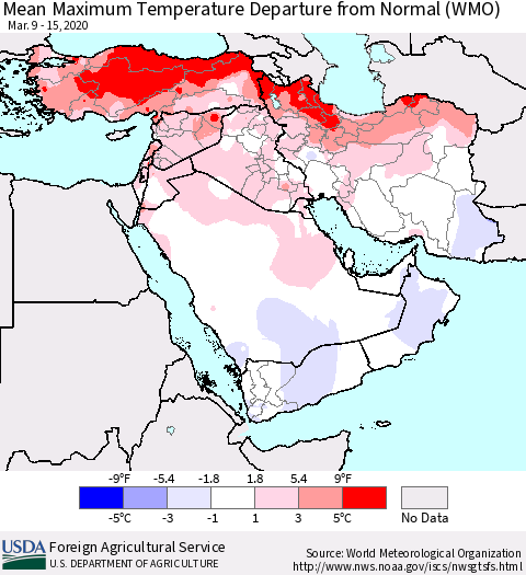 Middle East and Turkey Mean Maximum Temperature Departure from Normal (WMO) Thematic Map For 3/9/2020 - 3/15/2020