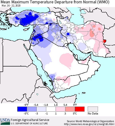 Middle East and Turkey Mean Maximum Temperature Departure from Normal (WMO) Thematic Map For 3/16/2020 - 3/22/2020