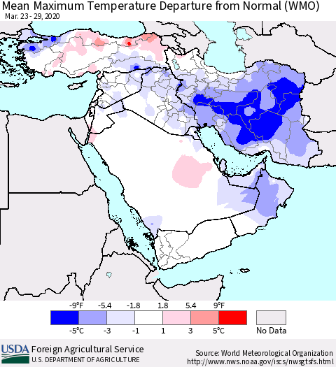 Middle East and Turkey Mean Maximum Temperature Departure from Normal (WMO) Thematic Map For 3/23/2020 - 3/29/2020
