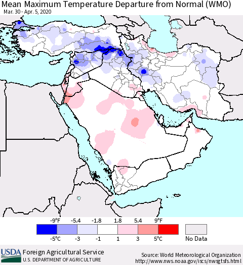Middle East and Turkey Mean Maximum Temperature Departure from Normal (WMO) Thematic Map For 3/30/2020 - 4/5/2020