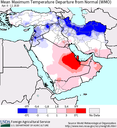 Middle East and Turkey Mean Maximum Temperature Departure from Normal (WMO) Thematic Map For 4/6/2020 - 4/12/2020