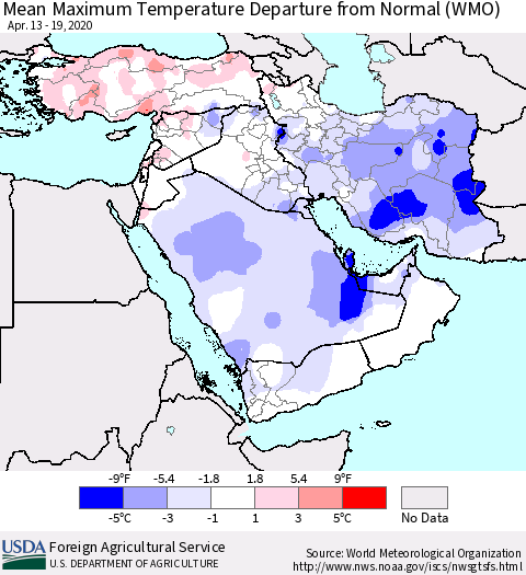 Middle East and Turkey Mean Maximum Temperature Departure from Normal (WMO) Thematic Map For 4/13/2020 - 4/19/2020