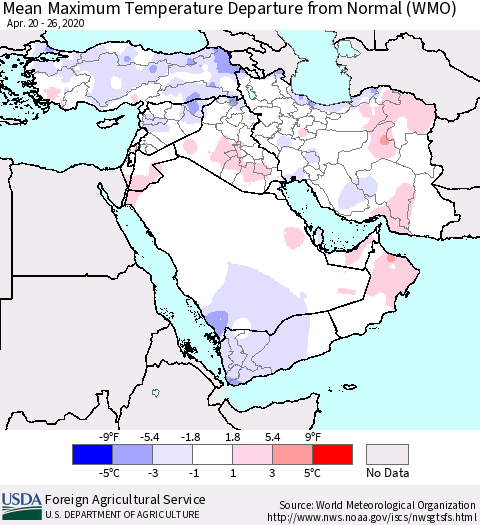 Middle East and Turkey Mean Maximum Temperature Departure from Normal (WMO) Thematic Map For 4/20/2020 - 4/26/2020