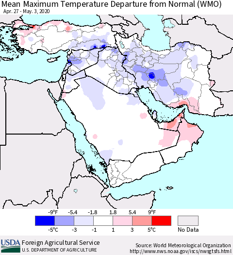 Middle East and Turkey Mean Maximum Temperature Departure from Normal (WMO) Thematic Map For 4/27/2020 - 5/3/2020