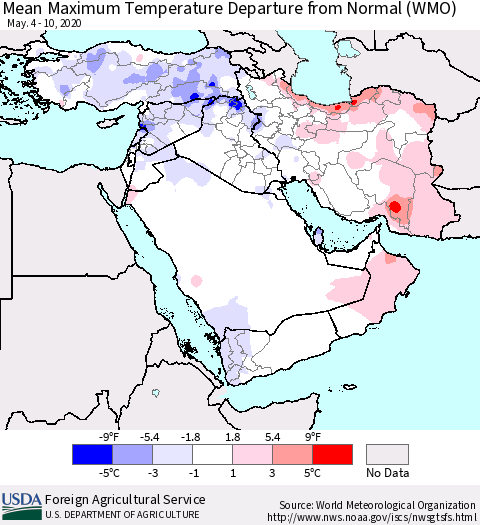 Middle East and Turkey Mean Maximum Temperature Departure from Normal (WMO) Thematic Map For 5/4/2020 - 5/10/2020