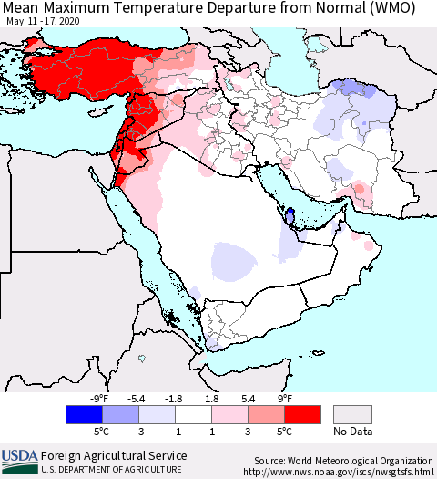 Middle East and Turkey Mean Maximum Temperature Departure from Normal (WMO) Thematic Map For 5/11/2020 - 5/17/2020
