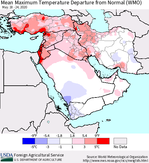 Middle East and Turkey Mean Maximum Temperature Departure from Normal (WMO) Thematic Map For 5/18/2020 - 5/24/2020