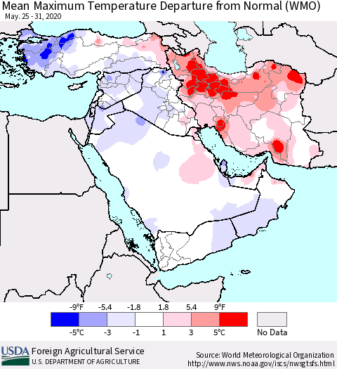Middle East and Turkey Mean Maximum Temperature Departure from Normal (WMO) Thematic Map For 5/25/2020 - 5/31/2020