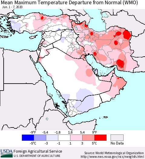 Middle East and Turkey Mean Maximum Temperature Departure from Normal (WMO) Thematic Map For 6/1/2020 - 6/7/2020
