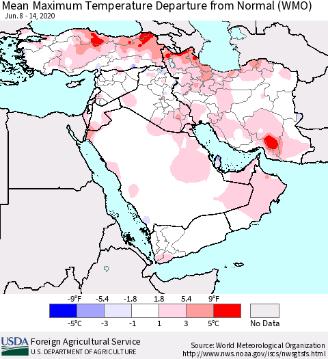 Middle East and Turkey Mean Maximum Temperature Departure from Normal (WMO) Thematic Map For 6/8/2020 - 6/14/2020