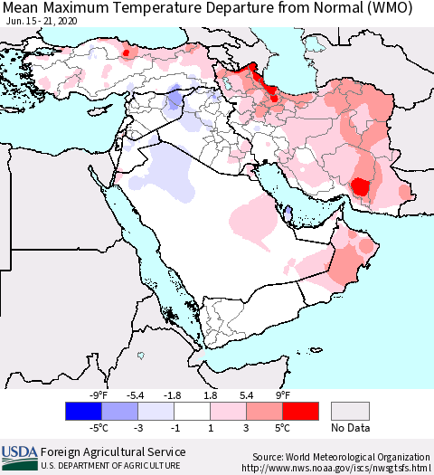 Middle East and Turkey Mean Maximum Temperature Departure from Normal (WMO) Thematic Map For 6/15/2020 - 6/21/2020
