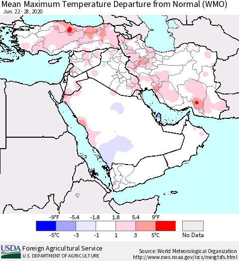 Middle East and Turkey Mean Maximum Temperature Departure from Normal (WMO) Thematic Map For 6/22/2020 - 6/28/2020