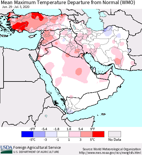 Middle East and Turkey Mean Maximum Temperature Departure from Normal (WMO) Thematic Map For 6/29/2020 - 7/5/2020